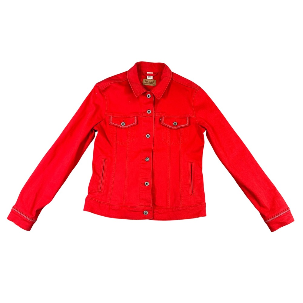 Levis Strauss & Co Womens Red Denim Trucker Jacket Large Solid Button Up Stretch
